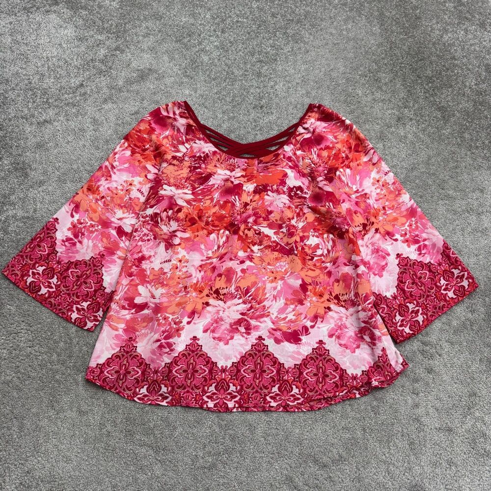Zac & Rachel Floral Chiffon Crisscross Bell Sleeve Blouse Top Women Pink Flowy